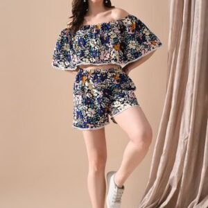 Printed Bubble Crepe Off Shoulder Crop Top & Shorts Coord Set